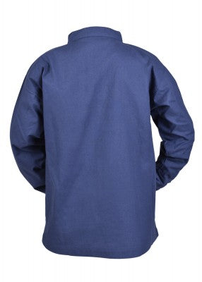 Tunique Colin à lacets pour enfant en coton bleu, présentée de dos sur fond clair pour reconstitution, GN ou LARP enfant