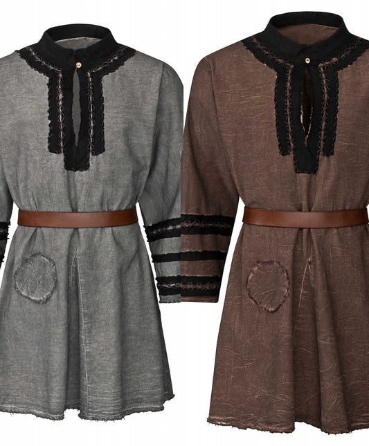 Tunique Halfdan médiévale – 2 coloris, coton brun et gris, vue de face des deux versions, reconstitution médiévale GN LARP