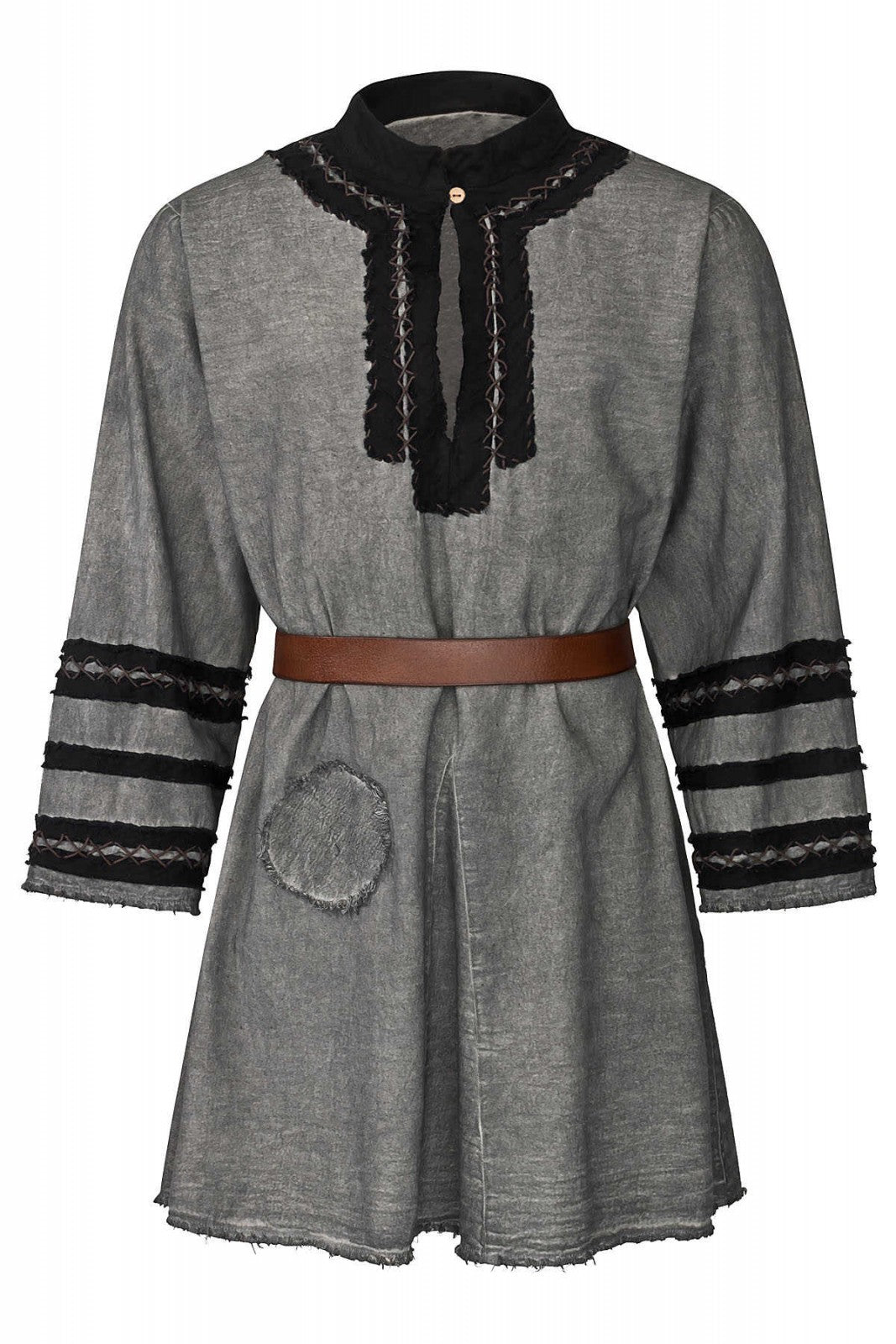 Tunique Halfdan médiévale – 2 coloris, coton gris, vue de face ceinturée, col brodé et manches ornées, reconstitution GN