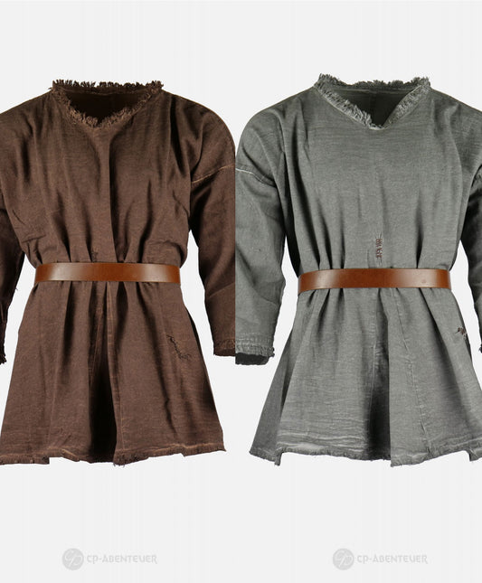 Tunique Haraldsson médiévale – 2 coloris, coton brun et gris, vue de face des deux versions ceinturées, reconstitution GN