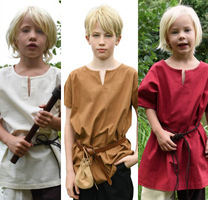 Tunique Linus à manches courtes pour enfant en coton, aperçu des 3 coloris blanc, marron et rouge pour reconstitution, GN et LARP