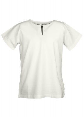 Tunique Linus à manches courtes pour enfant en coton blanc, présentée de face pour reconstitution historique, GN ou LARP enfant