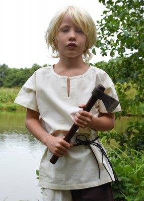 Tunique Linus à manches courtes pour enfant en coton blanc, portée de face en extérieur pour reconstitution, GN ou LARP enfant