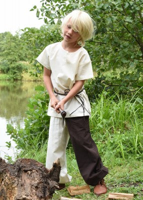 Tunique Linus à manches courtes pour enfant en coton blanc, portée de dos en extérieur pour reconstitution, GN ou LARP enfant
