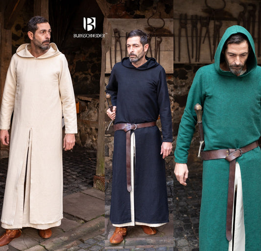 Tunique longue à capuche Renaud médiévale, coton Devon vert naturel noir, vue portée trois coloris, GN LARP combat scénique