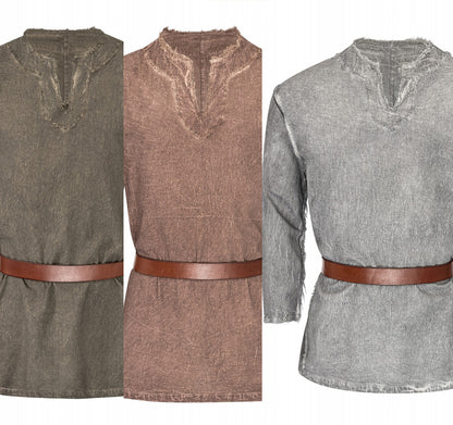 Chemise Wolf médiévale – 3 coloris, coton brun gris vert, vue de face des trois coloris, reconstitution médiévale GN LARP