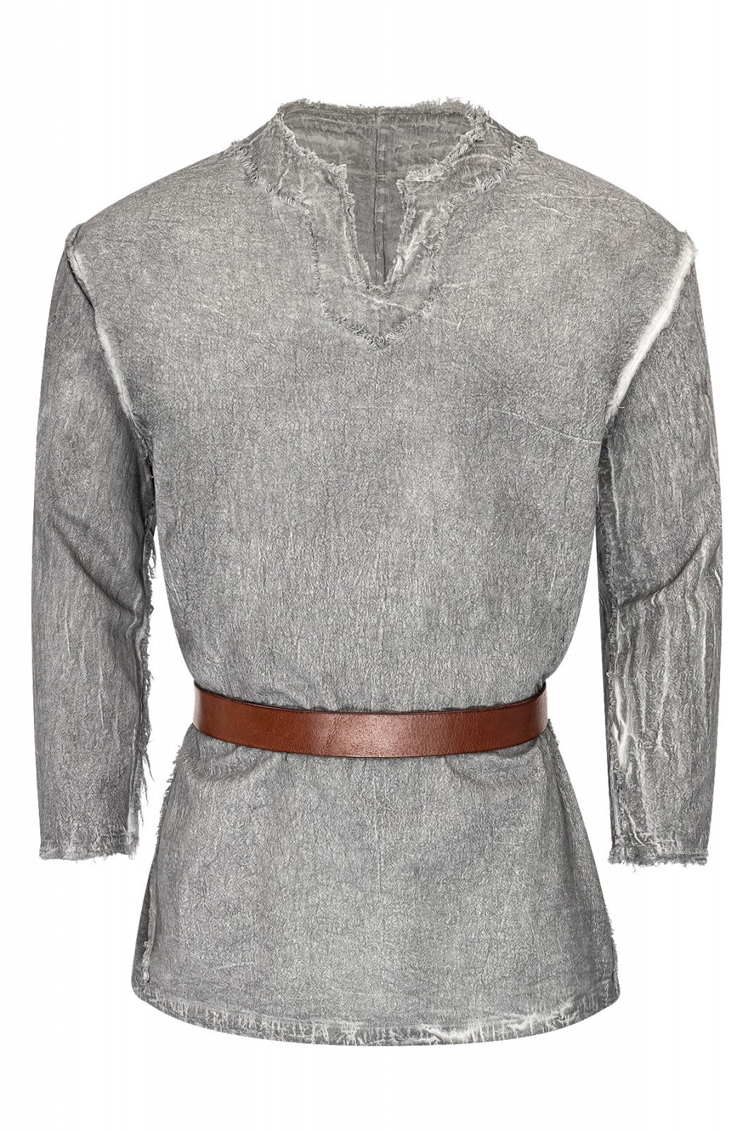 Chemise Wolf médiévale – 3 coloris, coton gris, vue de face ceinturée, effet usé, reconstitution médiévale GN LARP