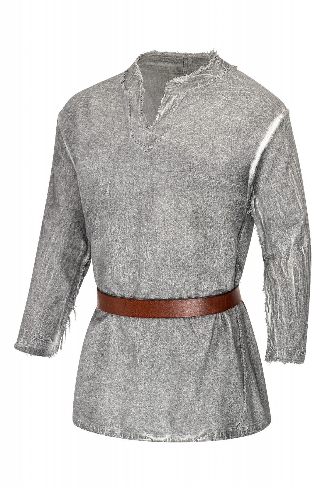 Chemise Wolf médiévale – 3 coloris, coton gris, vue 3/4 face ceinturée, effet usé, reconstitution médiévale GN LARP
