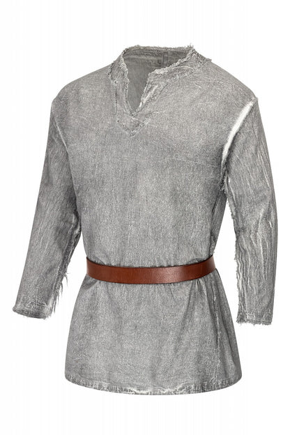 Chemise Wolf médiévale – 3 coloris, coton gris, vue 3/4 face ceinturée, effet usé, reconstitution médiévale GN LARP