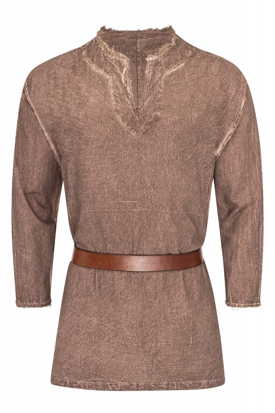Chemise Wolf médiévale – 3 coloris, coton brun, vue de face ceinturée, effet usé, reconstitution médiévale GN LARP