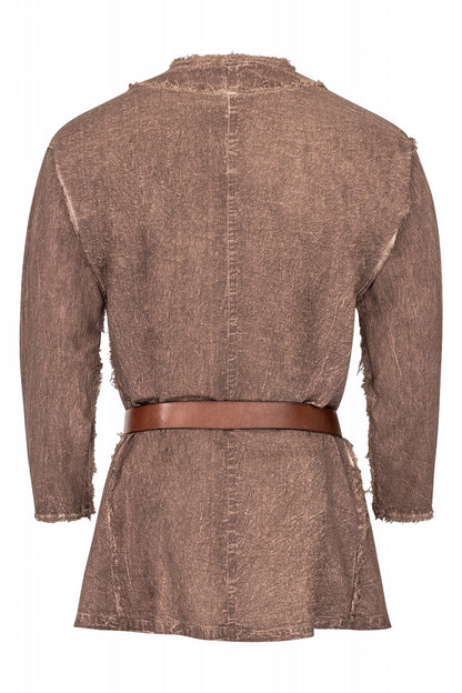 Chemise Wolf médiévale – 3 coloris, coton brun, vue de dos ceinturée, effet usé, reconstitution médiévale GN LARP