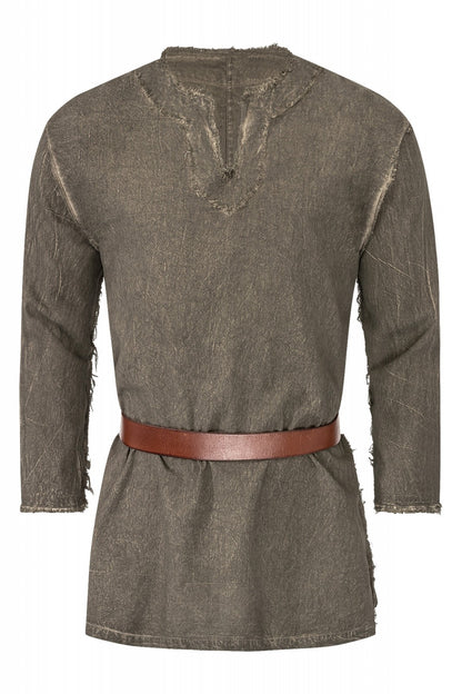 Chemise Wolf médiévale – 3 coloris, coton vert, vue de face ceinturée, effet usé, reconstitution médiévale GN LARP