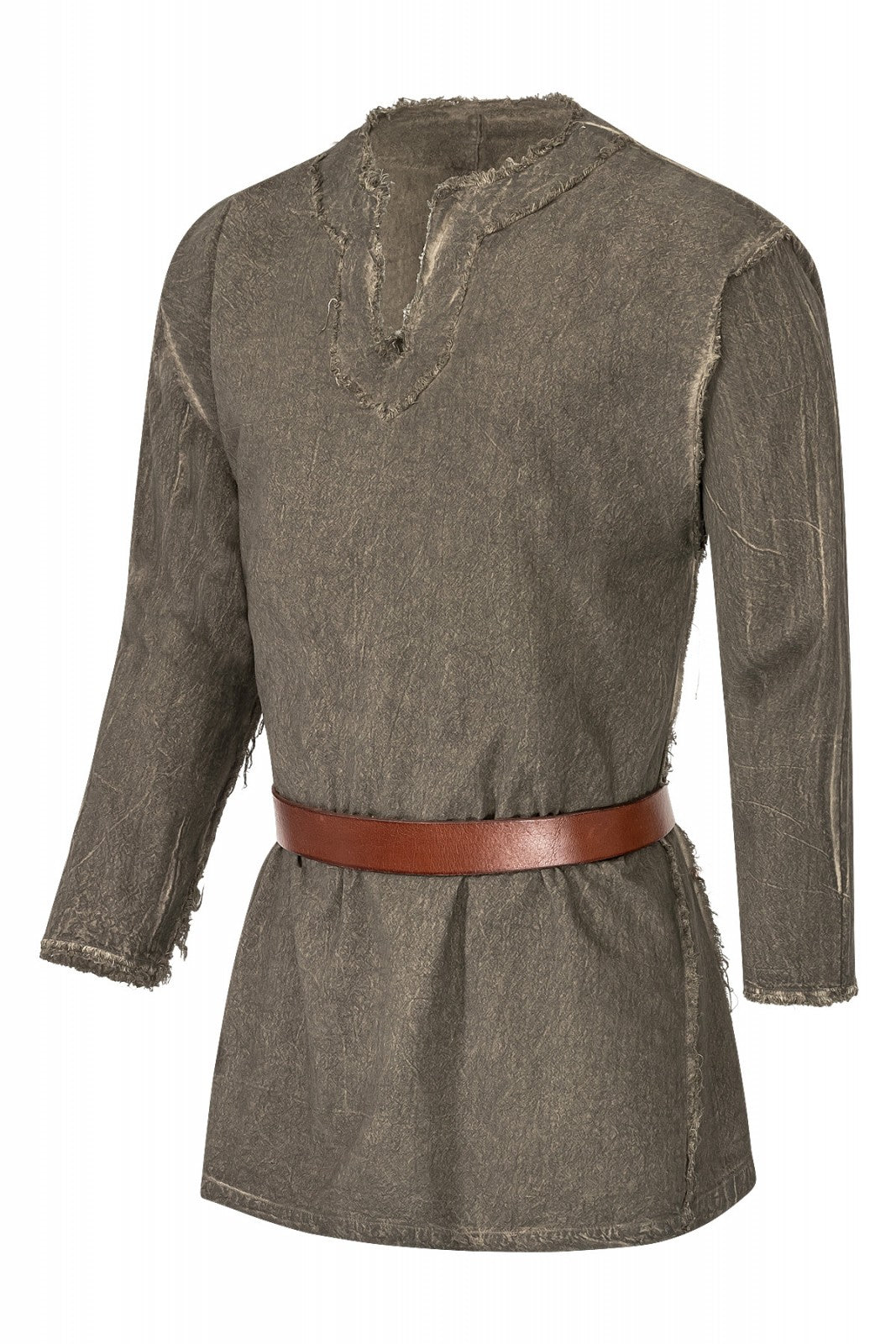 Chemise Wolf médiévale – 3 coloris, coton vert, vue 3/4 face ceinturée, effet usé, reconstitution médiévale GN LARP