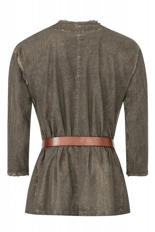 Chemise Wolf médiévale – 3 coloris, coton vert, vue de dos ceinturée, effet usé, reconstitution médiévale GN LARP